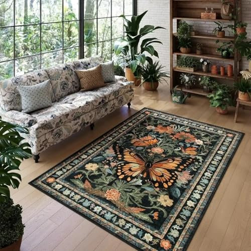 Tappeti lavabili in lavatrice a forma di farfalla, tappeto nero boho per soggiorno, tappeto antiscivolo per camera da letto, tappeti grandi floreali da fattoria, 240 x 300 cm (95 x 118 pollici)