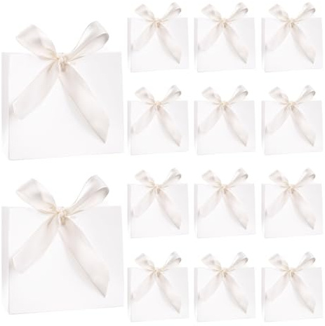 20 Stück Mini Geschenktüten mit Schleifen, 11,5× 4,5× 10 cm klein Weiß Geschenktüten Papiertüten für Weihnachten, Party, Geburtstag, Hochzeit(Weiß Schleifen)