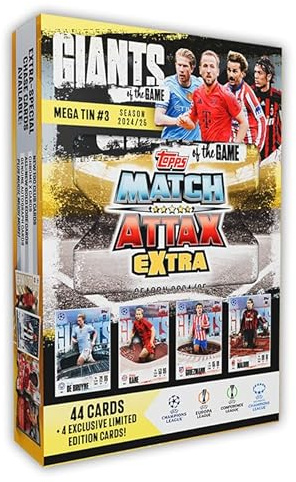 Topps Match Attax Extra 2025 – Mega Tin #3 – Giants of the Game! 48 kort inklusive 4 exklusiva Giants of the Game LE-kort. Håll utkik efter relikkort inuti lyckoburkar!