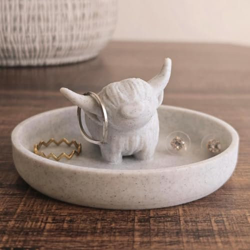 Awsaccy Highland Cow Ringhalter mit runder Schale, Kunststoff, Bauernhaus und böhmischer Stil, Marmor, niedlich, einzigartiges Geschenk für Frauen, Schmuck, Teller, Organizer für Badezimmer, Büro