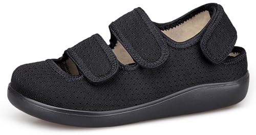 Hsyooes Hausschuhe Damen Klettverschlus Sandalen Herren Verstellbare Extra Weit Geschlossene Walkingschuhe Senioren Atmungsaktive Freizeitschuhe Rutschfest Schwarz EU38