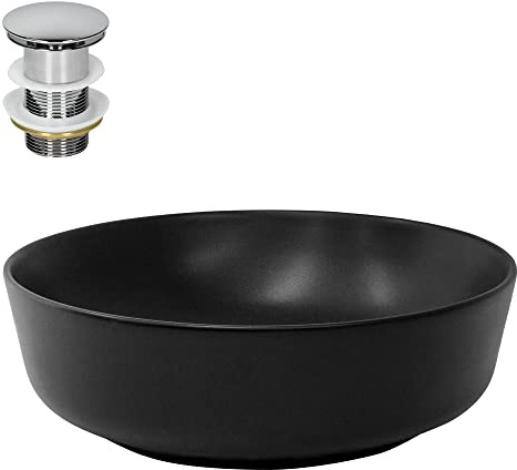 LuxeBath Waschbecken Keramik rund Ø 415 x 135 mm Schwarz mit Ablaufgarnitur Silber, Aufsatzwaschbecken für Badezimmer/Gäste-WC, Aufsatzbecken Waschtisch Waschschale Waschplatz Handwaschbecken