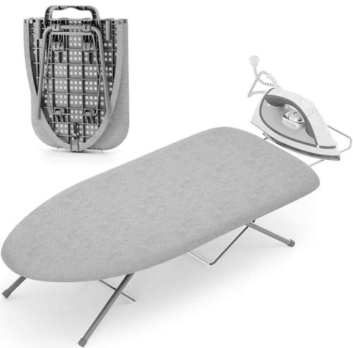 KINGRACK Foldable Ironing Board with Iron Rest, Small Ironing Board, Extra Thick Cover, Portable Tabletop Iron Board wiht Non-Slip Feet for Home Travel, Grey