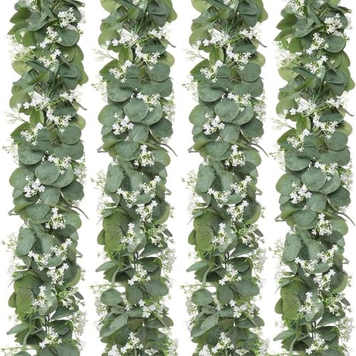 wefenad - Guirnalda de eucalipto con flores blancas, 4 paquetes de hojas de eucalipto artificiales de plata de 5.9 pies, plantas de vegetación falsa, enredaderas de hiedra, corona sintética para arco