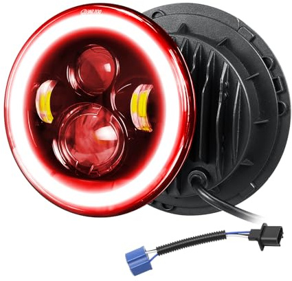 Willpower Phare LED Auto Rond 7 50W, Rouge Blanc, Feu LED Wrangler JK TJ | Phare de Travail 5000LM, 12V 24V, DRL HI LO, 4 Modes Eclairages, Feux Projecteurs LED Croisement CJ LJ JP Hummber Moto