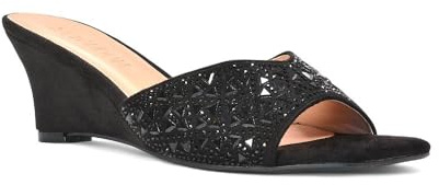 ESSEX GLAM Women's Wedge Heel Sandals Ladies Black Jewel Diamante Square Peep Toe Party Heeled Mule Shoes Size 6
