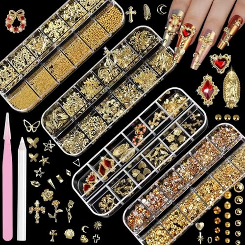 3D Gold Nail Charms & Nail Gems Kit - Over 3000Pcs Gold Nail Art Supplies, Rhinestones, Pearls, Flower, Bow, Cross, Shell Charms for Nail Art Design & Accessories with Tools Tweezers