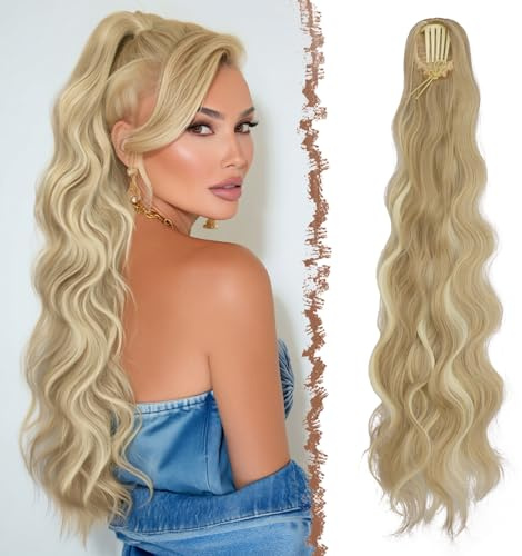 FESHFEN Pferdeschwanz mit Kordelzug Synthetik Wellen Zopf Haarteil, 75 cm | Comb Clip in Ponytail für Damen, Einfach Anzubringen, Hitzebeständig Natürlich Haarzopf für Karneval Alltag，Blond Strähnen