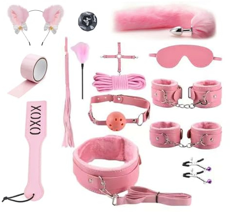 15pcs BDSM Bondage Kit,Sex Toys Restraints Set Anal Plug Tail Adult Bondage Gear & Accessories Esposas Sexuales, Bondage Equipment for Women Men Couple Pink