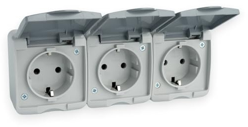 3-Fach Steckdose mit Klappdeckel, Aufputz, 230V, 16A, IP44, Grau | Waagerecht Aufputzsteckdose, Feuchtraum, Schuko-Steckdose mit Feuchtraumsteckdose, Spritzwassergeschützt und Staubdicht
