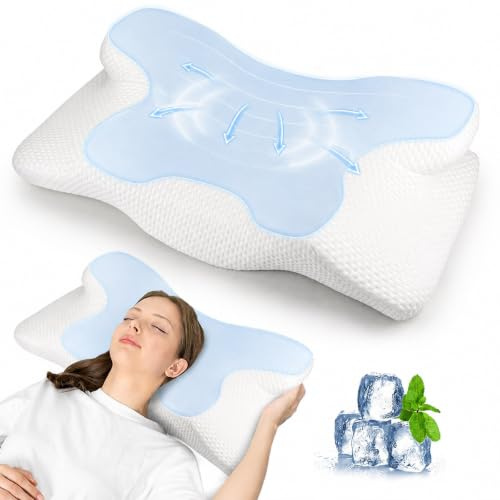 Oreiller Ergonomique Cervical, Housse en Fibre Glacée Respirante, Coussin Cervical Anti-Transpiration pour Douleurs Cervicales et Épaules, Idéal en Été,Dormeurs sur le Côté, le Dos et le Ventre (Bleu)