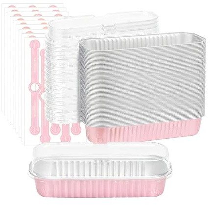 Hniuyun 50 Pack 200ml Rectangular Aluminum Mini Loaf Pans with Lids - Baking Tins for Mini Cake, Brownie, Muffin & Homemade Bread (Pink)