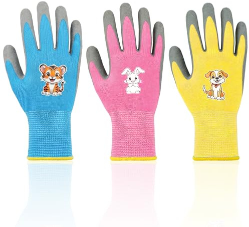 Haefan Guanti Giardinaggio Bambini 3 Paia Antiscivolo per Lavoro e Faidate Guanti da Giardinaggio con Rivestimento in Gomma Impermeabile Guanti Lavoro per Bambini e Bambine 5-9 anni