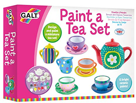 Galt Paint a Tea Set - 11 Pc Mini Tea Party Set, Kids Craft Kit and Childrens Tea Set - 12 Rainbow Ceramic Paints - Encourage Creativity and Motor Skills - Arts and Crafts for Kids, Ages 5 Years Plus