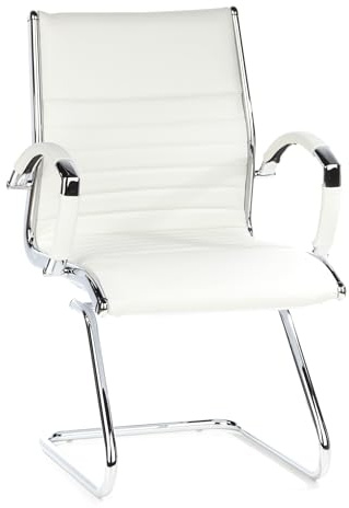 hjh OFFICE 660515 Konferenzstuhl Parma V Leder Weiß/Chrom Freischwinger Besucherstuhl mit Armlehnen