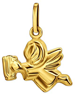 CLEVER SCHMUCK Goldener kleiner Kinder Anhänger Schutzengel 10 x 13 mm fliegend mit Harfe in der Hand, beidseitig plastisch figürliche Form 333 Gold 8 Karat im Schmucketui
