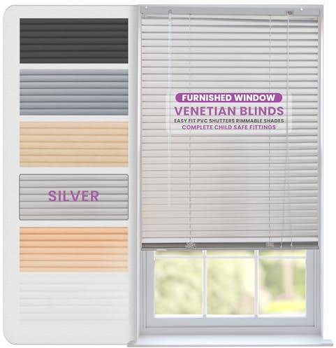 FURNISHED Jalousien für Fenster, PVC-Rollos leicht zu montieren, zuschneidbar, 25-mm Lamellen, kindersichere Montage, ideal für Küche/Wohnung - Silber 75W x 210L cm