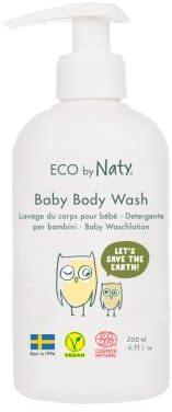 Eco by Naty, Baby Duschgel, Ökologische pflanzliche Inhaltsstoffe mit 0% Parfüm, Hypoallergen und dermatologisch getestet, 200 ml Flasche