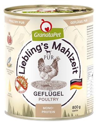 GranataPet Hundmat, älsklingens måltid fjäderfä PUR, våtfoder för hundar, utan spannmål och sockertillsatser, helfoder med hög andel kött och högkvalitativa oljor, 6 x 800 g