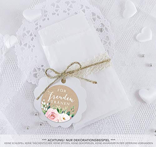 Freuden Tränen Taschentücher Set zur Hochzeit Klein 24 Sticker + 24 Flachbeutel Pergamin 63 x 93mm Freudentränen Taschentuch Verpackung BOHO HIPPIE ROSEN EUKALYPTUS KRAFTPAPIER ROSA BLAU GRÜN