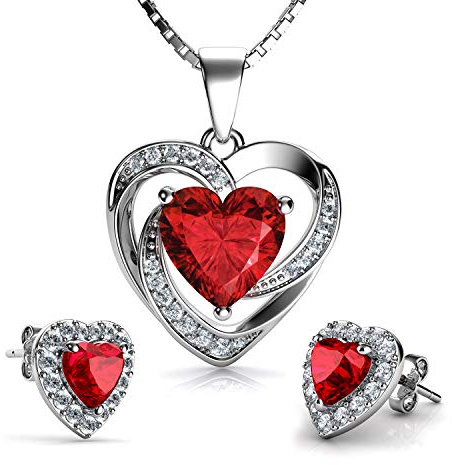 DEPHINI - Rött hjärta halsband och örhängen set - 925 sterling silver - klar Siam födelsesten utsmyckad med röda CZ kristallörhängen - damhänge
