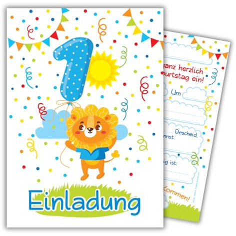 JuNa-Experten 12 Einladungskarten 1. Kindergeburtstag Jungen Mädchen Tiere erste Geburtstag Geburtstagseinladungen Einladungen Geburtstagsparty Kartenset Löwe