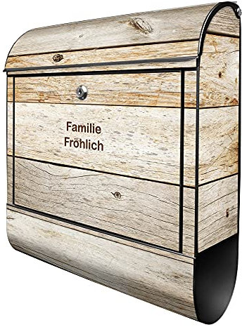 banjado® Design Briefkasten personalisiert Graues Holz 38,5x46,5x13cm & 2 Schlüssel - Briefkasten Stahl schwarz Zeitungsfach pulverbeschichtet - Postkasten A4 Einwurf inkl. Montagematerial