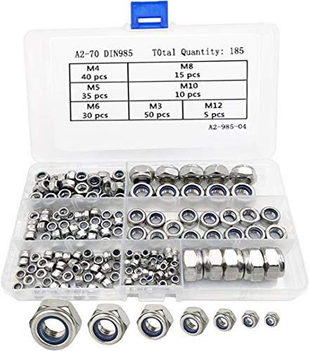 A2-70 Sicherungsmutter Set Muttern Sortiment 185-teilig Größen M3 M4 M5 M6 M8 M10 M12 304 Edelstahl Sicherungsmuttern