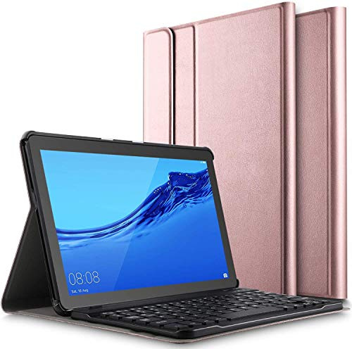 Claelech Clavier Bluetooth Coque Huawei Mediapad T5 10.1 2018, rabat Magnétique Mince Cuir Housse avec Détachable Clavier Sans Fil Bluetooth Automatique Smart Cover pour Mediapad T5 10.1 (Champagne)