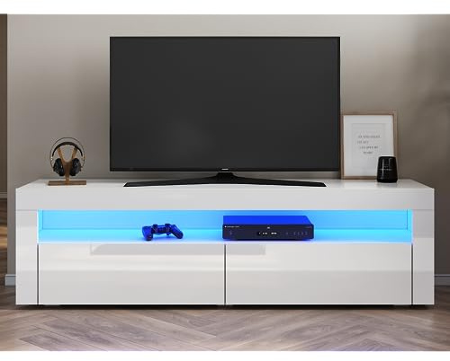 SONNI Meuble TV bas avec éclairage LED (12 couleurs peuvent être réglées) 155 x 40 x 45 cm Blanc brillant