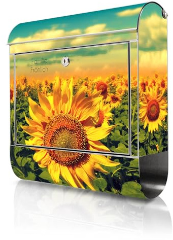 banjado Briefkasten Edelstahl personalisiert 38x43x12cm & 2 Schlüssel - rostfreier Edelstahl Briefkasten mit Zeitungsfach - Postkasten A4 Einwurf inkl. Montagematerial - Motiv Sonnenblumen