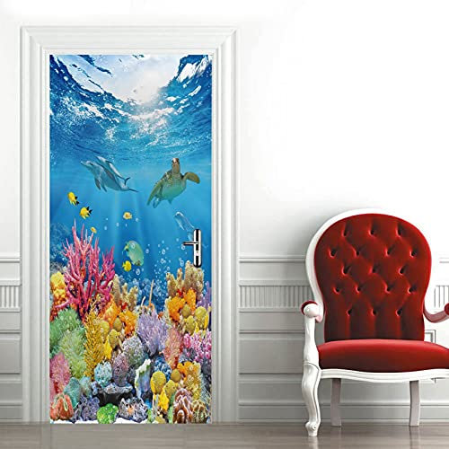 A.Monamour Türtapete Selbstklebend Türfolie Türposter 3D Unterwasser Meereswelt Tropische Fische Korallenriff Delfin Schildkröte Vinyl Folie Türdeko Tapete Wandbild Türaufkleber Türtattoo 77 x 200 cm