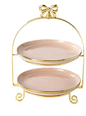 Alzatina per dolci Supporto per torta a 2 livelli con maniglie in arco Tavolo da dessert in ceramica multicolore Tavolo creativo Display della torta Stand Pomeriggio Piatto di frutta del tè Alzata per