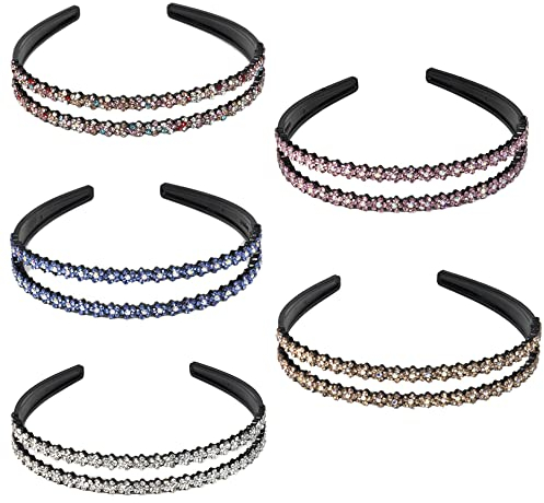 Belvanr Modische Haarreife 5 Stück Haarreifen Damen Glitzer Doppel Kristall Seite Hard Headbands Damen Haarreif mit Strass Hart Rutschfeste Zinken Stirnband Haarschmuck Strass Haarband