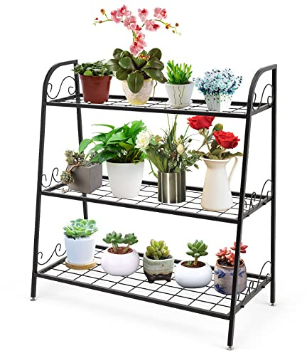 RELAX4LIFE Blumenständer Metall, Blumentreppe mit Einstellbarer & Rutschfester Füßen, Pflanzenständer Pflanzentreppe Blumenregal Outdoor, Pflanzenregal für Balkon Terrasse Garten Indoor (3 Stufen)