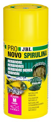 JBL PRONOVO SPIRULINA FLAKES, grönfoder för alla akvariefiskar från 8–20 cm, fiskfoderflingor, storlek M, 100 ml