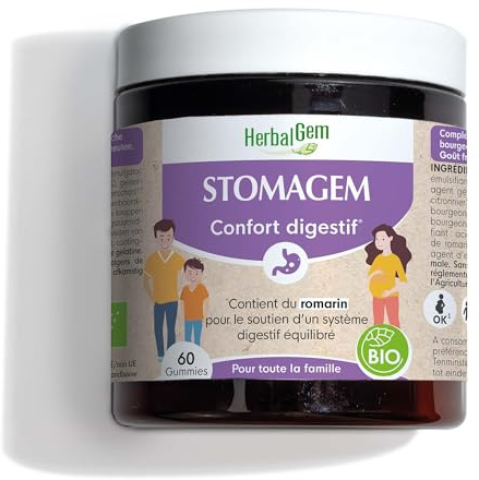 HerbalGem Stomagem Gummies Bio 60 Gommes 150 g | Figuier, sureau, romarin et citron pour aider à rééquilibrer la digestion. Sans alcool, dès 6 ans. Sans gluten. Vegan.