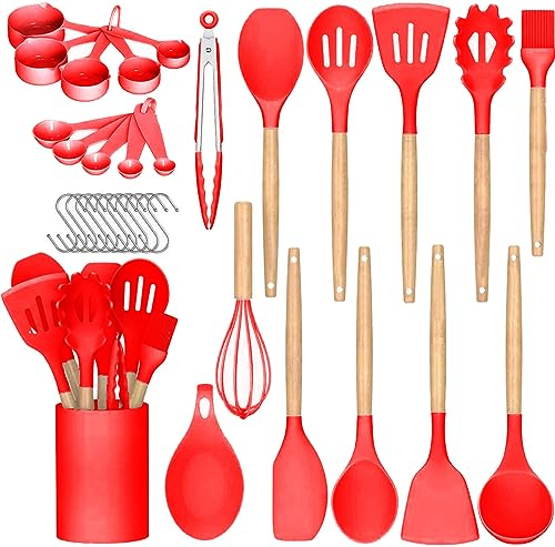 AHASON'S Extra Thick Layer of Silicone, Cooking Utensils Set 230°C-446°F Heat Resistant BPA Free 33 pcs Utensils, with Holder Kitchen Utensil Gadgets Tools Set for Nonstick Cookware, Red