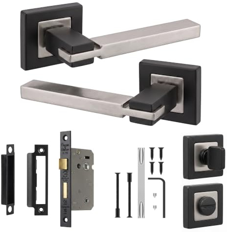 Decoranddecor Silver and Black Bathroom Door Handles with Lock Internal | Black and Silver Door Handles, Interior Door Handles, Square Door Handle