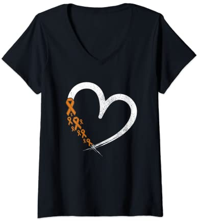 Mujer Mes de concienciación sobre la esclerosis múltiple MS naranja lazo corazón Camiseta Cuello V