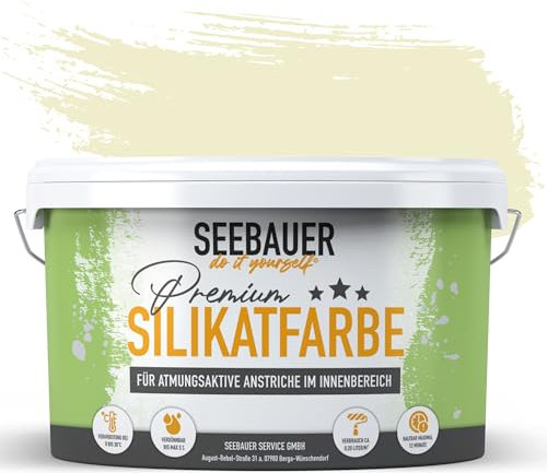 SEEBAUER diy Silikatfarbe Gelb 5L für Innen (No. 459 Lemon Soda) Atmungsaktive Mineralfarbe für Allergiker - Abwaschbare Wandfarbe - Gelbtöne hohe Deckkraft