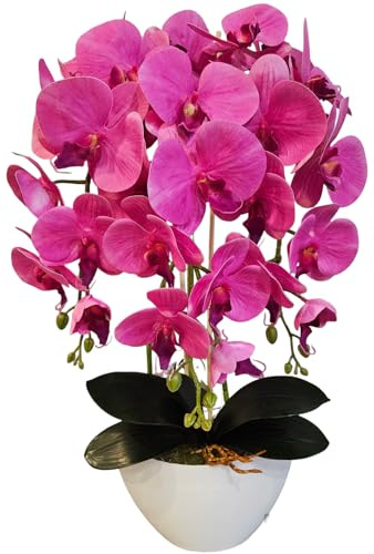 Damich 3-Zweig Künstliche Orchidee, Rosa, aus Gummi, mit Weißer Schiffsförmiger Vase, 60 cm