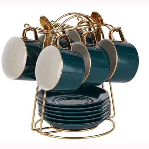 HSTWODE-cappuccino koppar set koppar och tefat med 6 (150 ml), lyxig tekopp set med gyllene trim, brittiskt kungligt porslinskoppar (handmålad briljantblå)