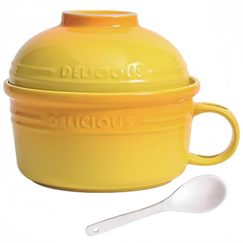 Dowbom Ceramic Instant Noodle Bowl, Porcelain Cup Shape Soup Bowl With Lid And Handle, Ramen Bowl Lunch Bowl (Yellow,19oz)