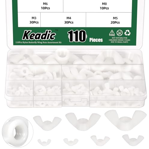 Keadic Set di 110 dadi ad ala metrici in nylon, M3, M4, M5, M6, M8, M10, M12, per stringere le orecchie, farfalla, dado, per l'industria domestica (bianco)