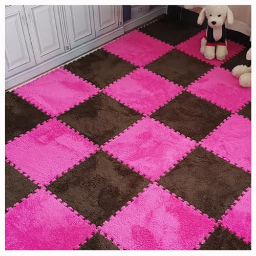 Soft Plush Puzzle Play Mats,Foam Interlocking Floor Mats,Plush Area Rug Fluffy Carpet Tiles,Foam Flooring For Bedroom/Play Room,10pcs,12x12inch(Color:Rose red + coffee)