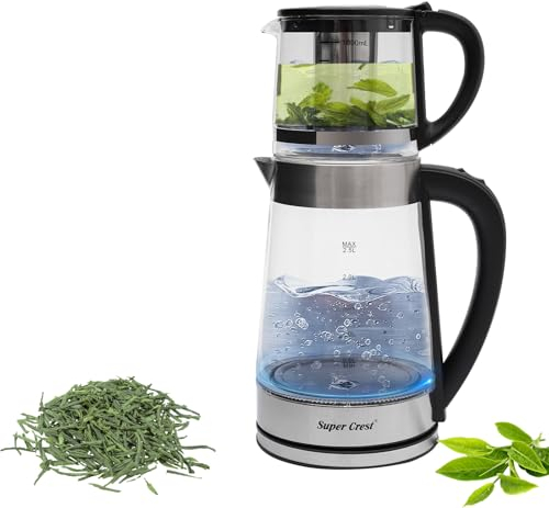 Bollitore elettrico da 1800 W, tea maker in vetro, teiera con colino da tè, bollitore grande da 2,5 l + piccola teiera da 1 l, design anti-essiccazione (nessuna funzione di isolamento termico)