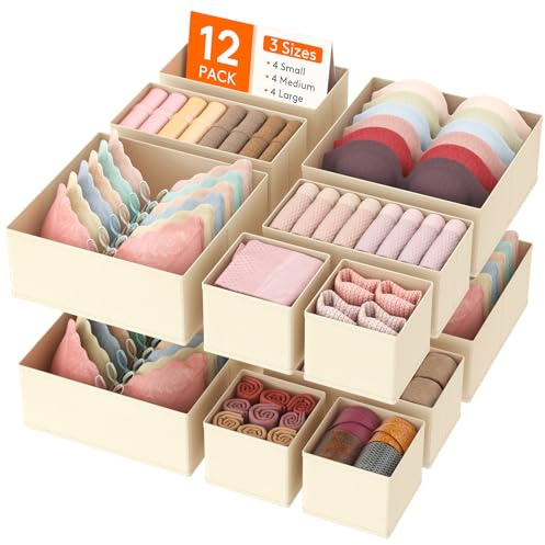 Lifewit 12 Pack Drawer Organiser, Collapisble Fabric Chest of Draw Dividers for Closet, Dresser, Nursery, Bedroom, Foldable Cube Boxes for Clothes, Pants, Underwear, Sock, Bras Organization, Khaki