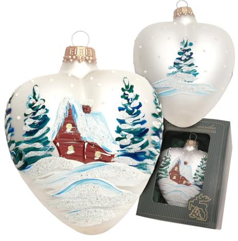 Krebs Glas Lauscha - Weihnachtsdekoration/Christbaumschmuck aus Glas - Herz Satin verschneite Landschaft mit Haus - Farbe: Weiß - Größe: ca. 10 cm