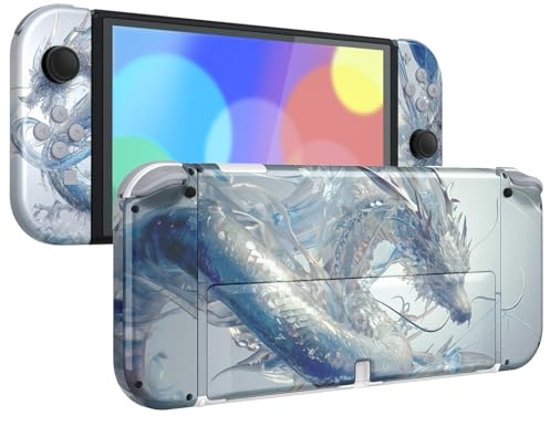eXtremeRate Coque pour Nintendo Switch OLED Console Accessoires avec Bouton Coloré & Support,Coque Joycon,Crystal Dragon